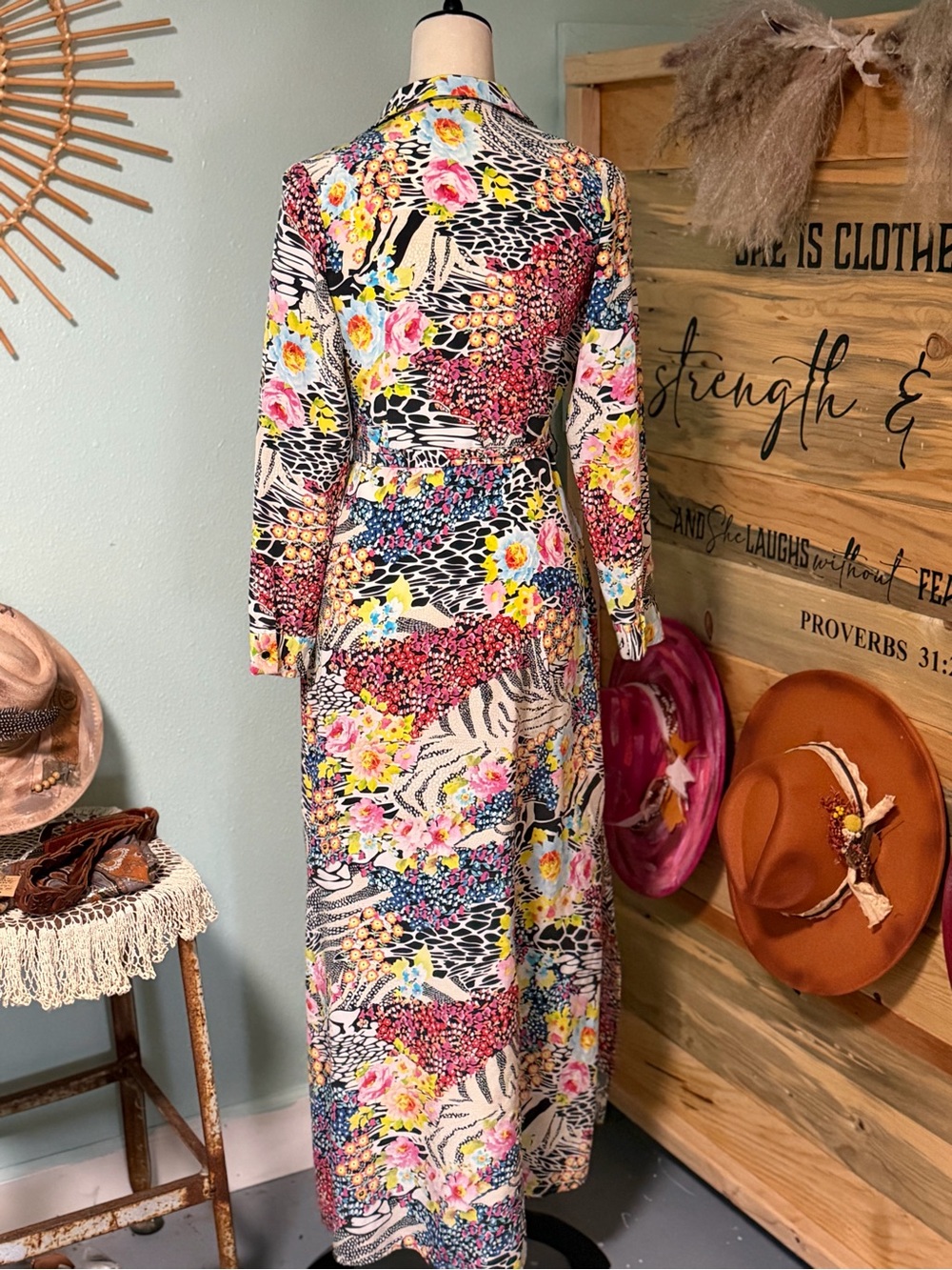 Yumi Kim Floral Multi-Color Long Sleeve Maxi Dress with Self Tie - Picture 6 of 12